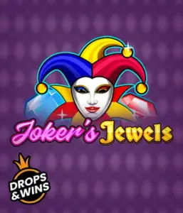 Experience the colorful charm of Joker's Jewels slot by Pragmatic Play, highlighting a captivating joker's mask embellished with a multicolored jester hat. This image captures the fun and excitement of casino gaming, set against a deep purple background. Ideal for those who love classic slot games, offering a thrilling adventure. 